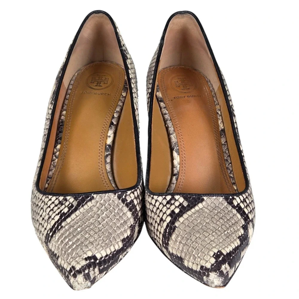 TORY BURCH Real Snakeskin Leather Heels Black White SZ 9M Exotic Dress‎